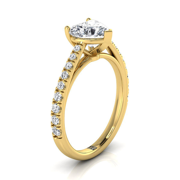 Cathedral French Pavé Solitaire Heart Shape, in 18K Yellow Gold, pave setting – side profile | RockHer