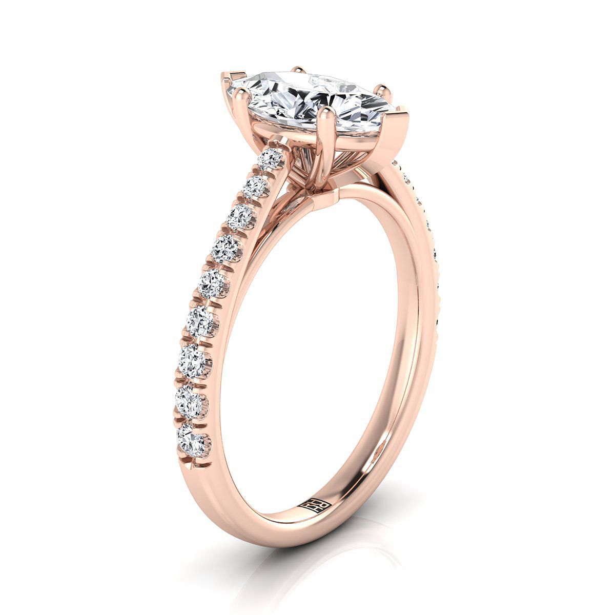 Cathedral French Pavé Solitaire Marquise, in 14K Rose Gold, pave setting – side profile | RockHer