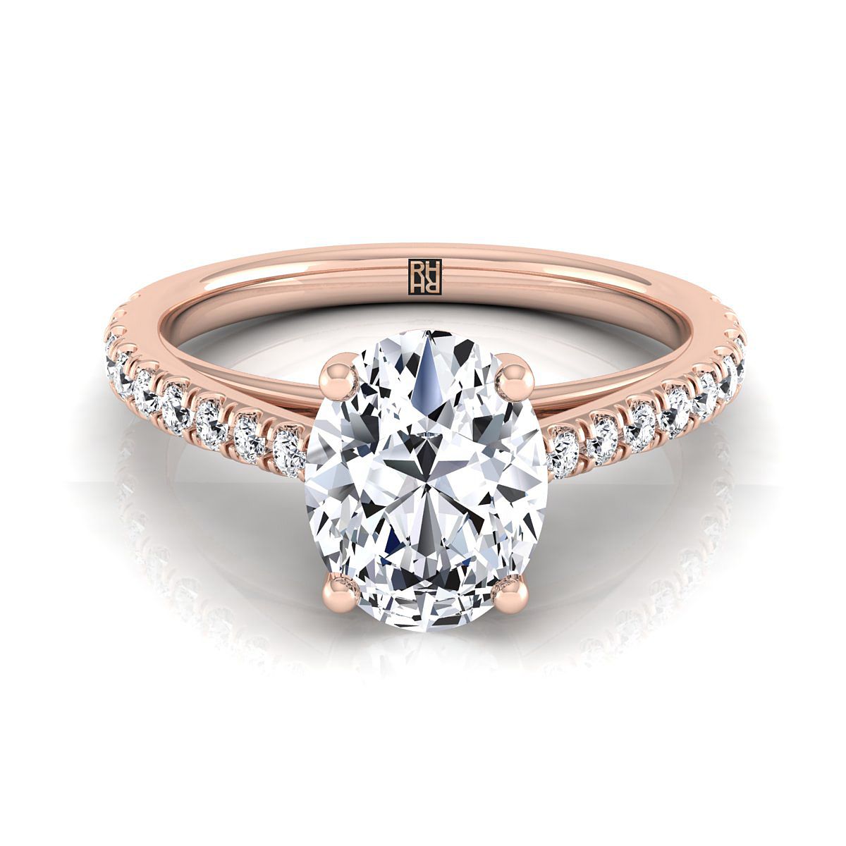 Cathedral French Pavé Solitaire Oval, in 14K Rose Gold, pave setting | RockHer