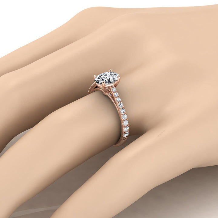 Cathedral French Pavé Solitaire Oval, in 14K Rose Gold, pave setting – detail view | RockHer