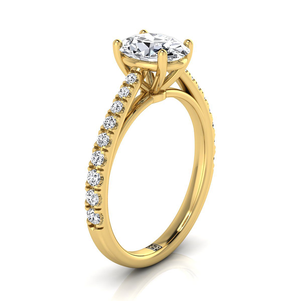 Cathedral French Pavé Solitaire Oval, in 18K Yellow Gold, pave setting – side profile | RockHer