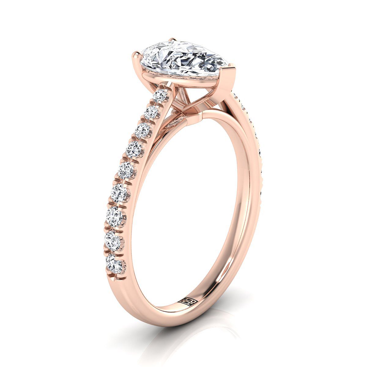 Cathedral French Pavé Solitaire Pear Shape, in 14K Rose Gold, pave setting – side profile | RockHer