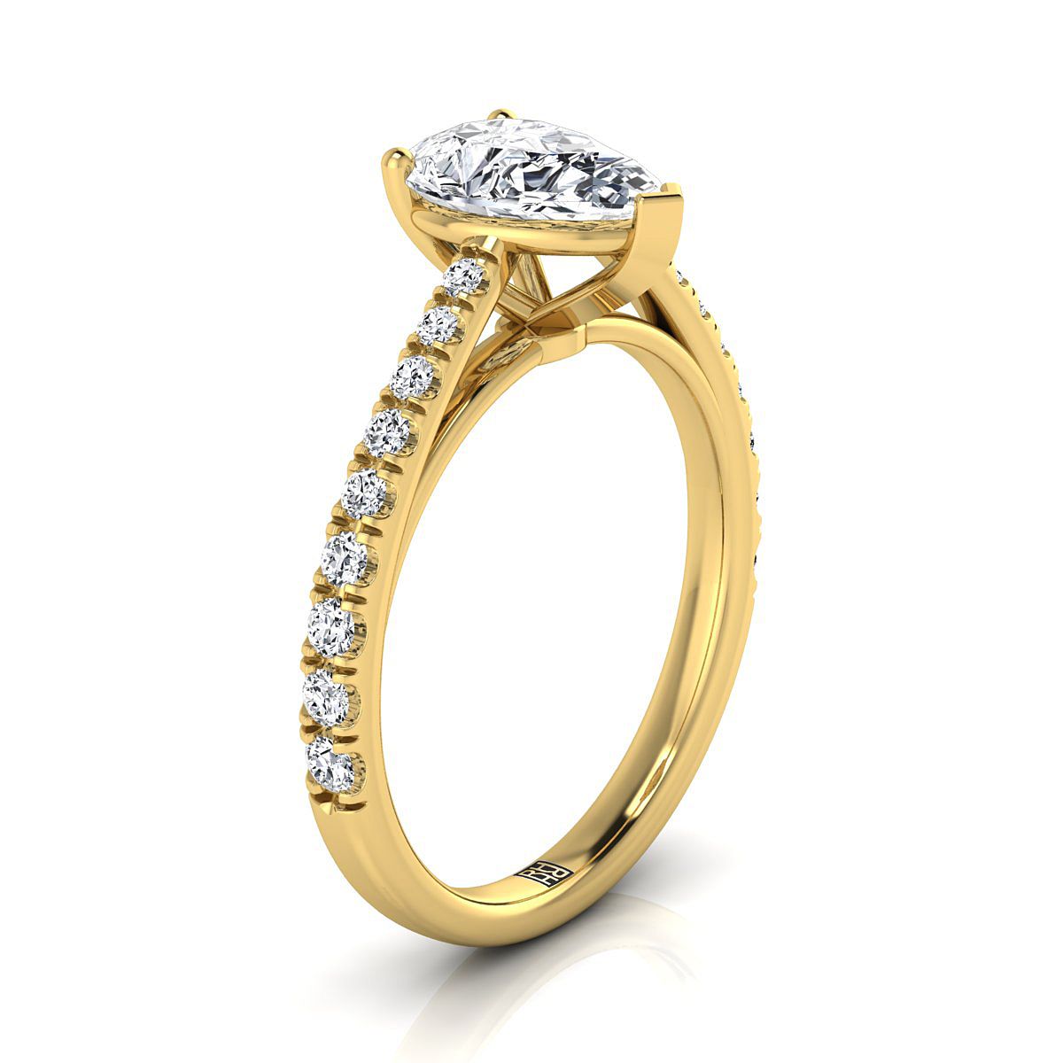 Cathedral French Pavé Solitaire Pear Shape, in 18K Yellow Gold, pave setting – side profile | RockHer