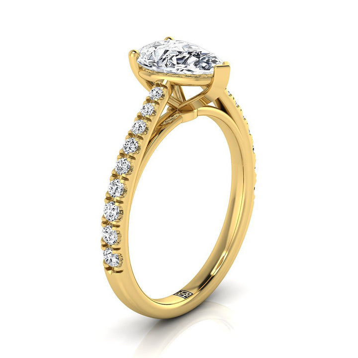 Cathedral French Pavé Solitaire Pear Shape, in 18K Yellow Gold, pave setting – side profile | RockHer