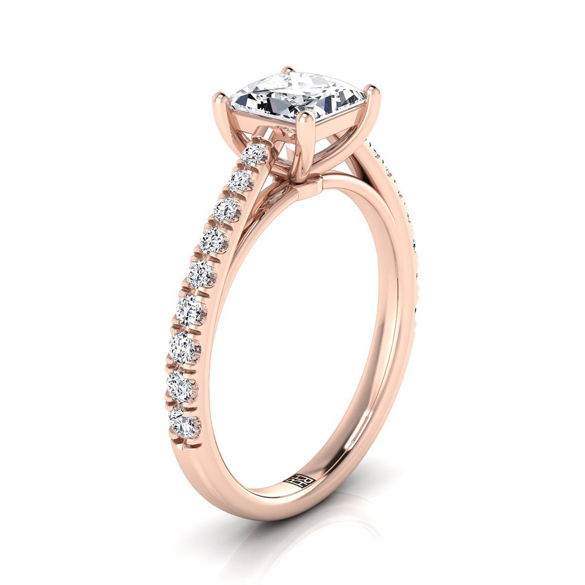 Cathedral French Pavé Solitaire Princess, in 14K Rose Gold, pave setting – side profile | RockHer