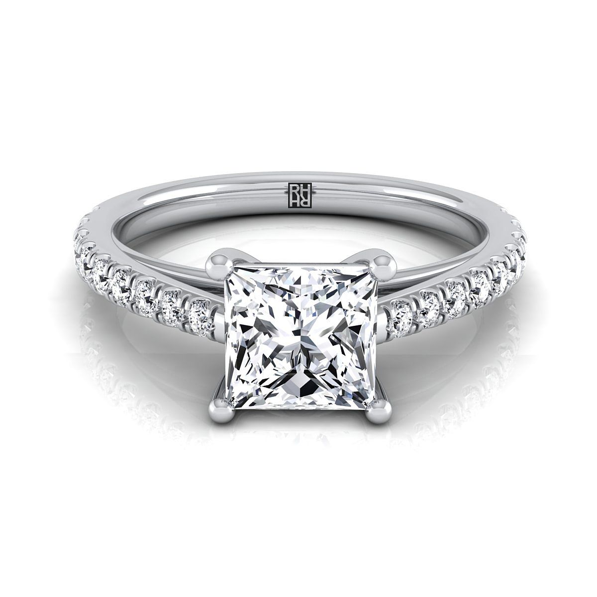 Cathedral French Pavé Solitaire Princess, in 18K White Gold, pave setting | RockHer
