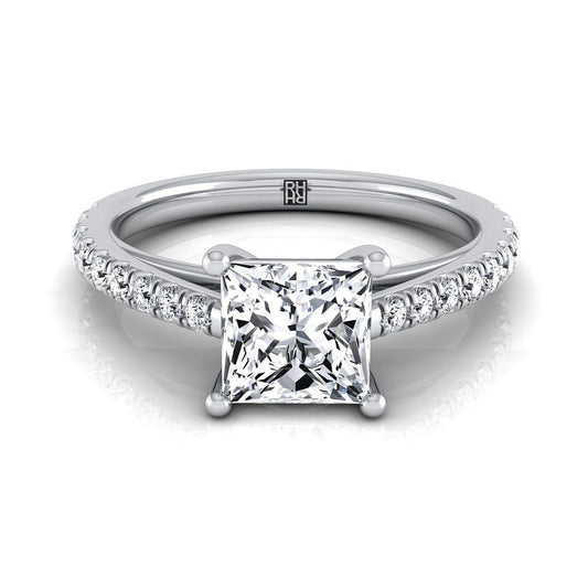 Cathedral French Pavé Solitaire Princess, in 18K White Gold, pave setting | RockHer
