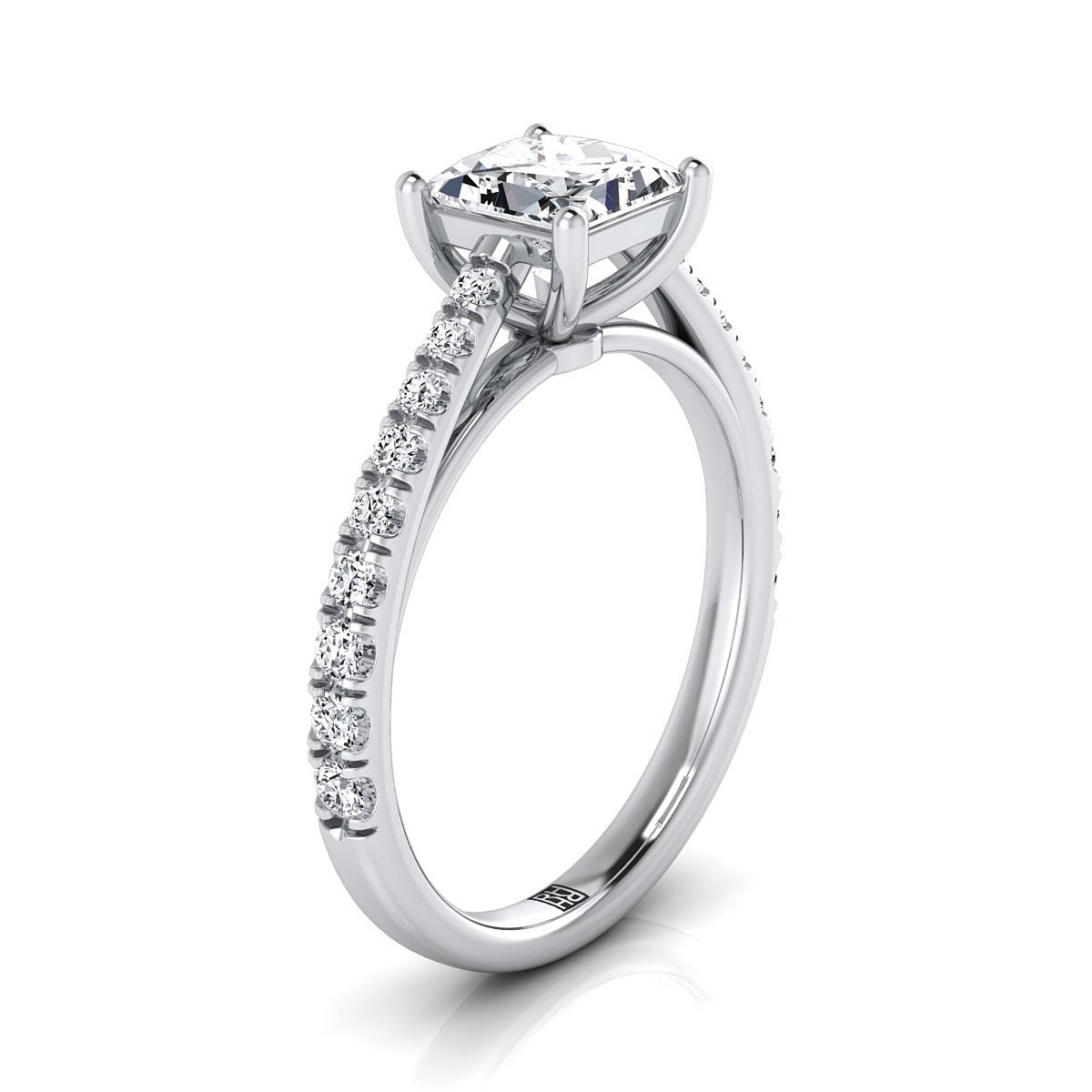 Cathedral French Pavé Solitaire Princess, in 18K White Gold, pave setting – side profile | RockHer