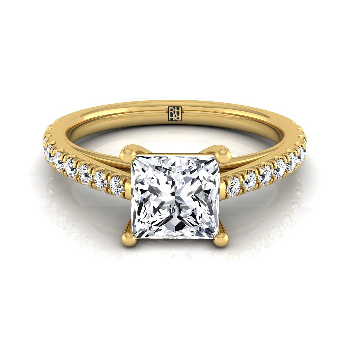 Cathedral French Pavé Solitaire Princess, in 18K Yellow Gold, pave setting | RockHer