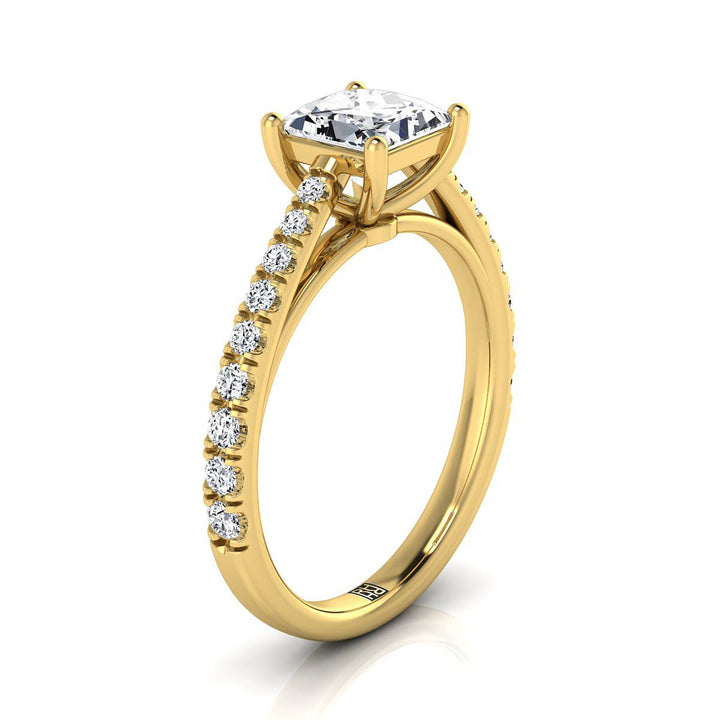 Cathedral French Pavé Solitaire Princess, in 18K Yellow Gold, pave setting – side profile | RockHer