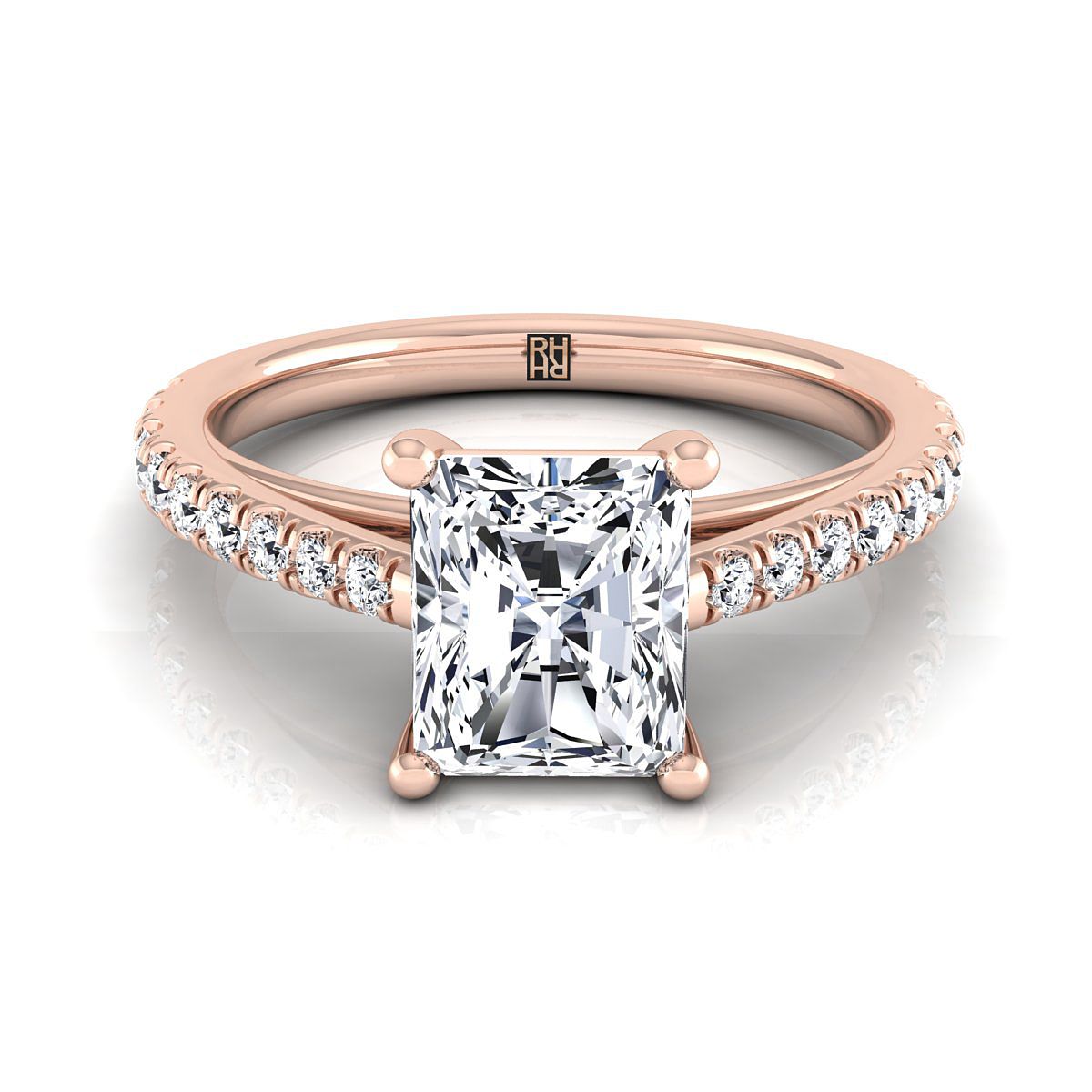 Cathedral French Pavé Solitaire Radiant, in 14K Rose Gold, pave setting – view 8 | RockHer