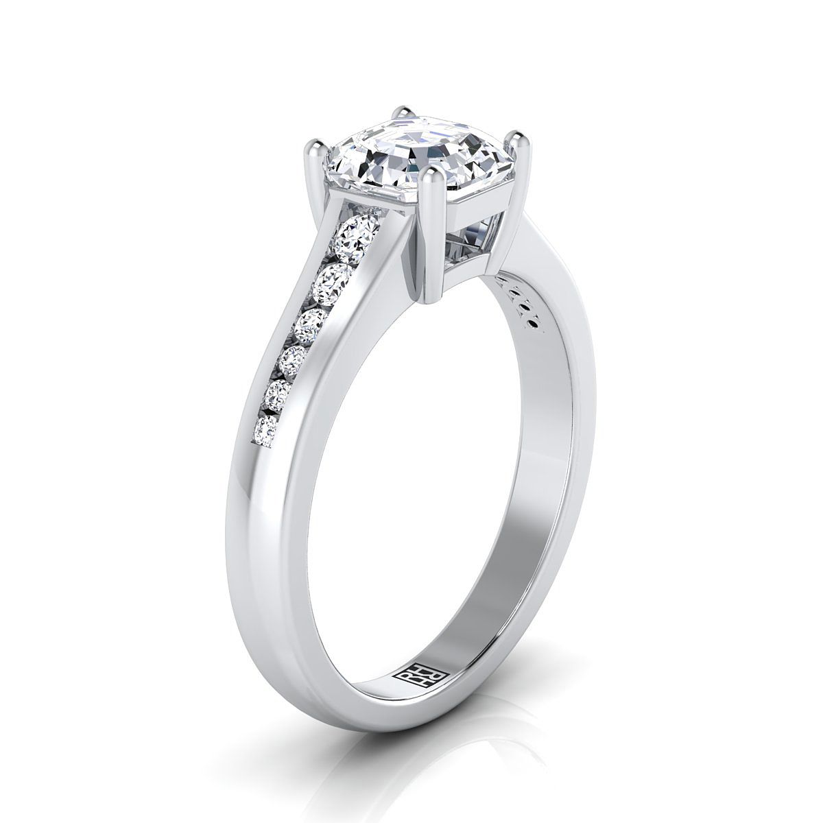 Contemporary Tapered Channel Asscher, in 18K White Gold – side profile | RockHer