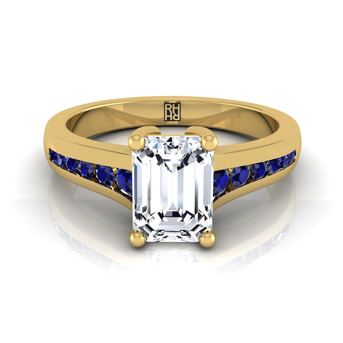14K Yellow Gold Emerald Cut Contemporary Tapered Blue Sapphire Channel Engagement Ring
