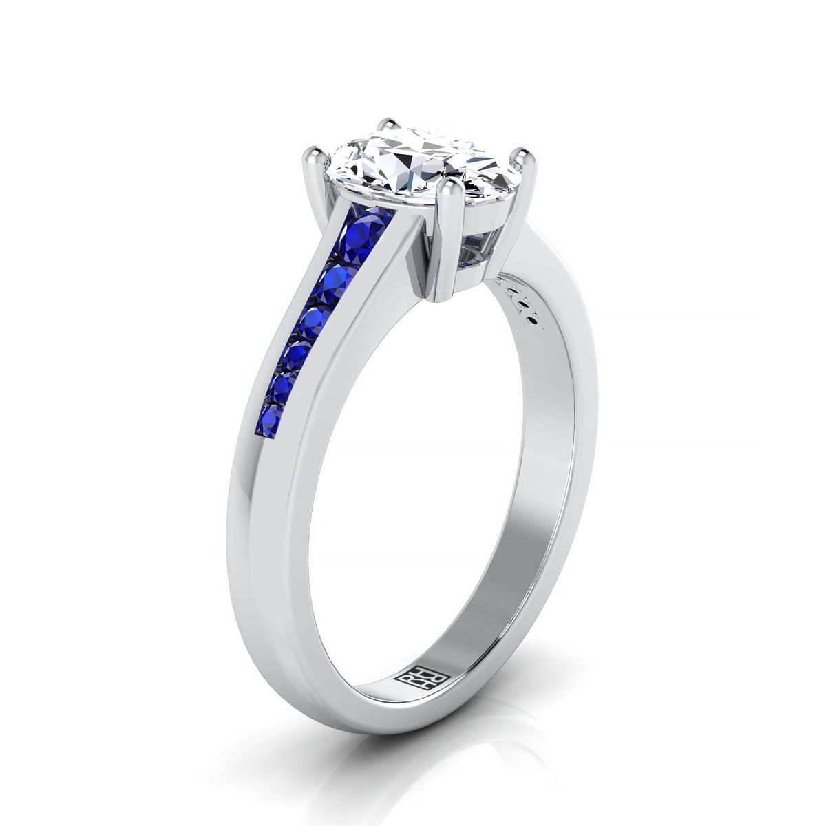 แหวนหมั้นช่องประดับไพลินสีน้ำเงินทรงรีร่วมสมัยแบบเรียวทองคำขาว 14K