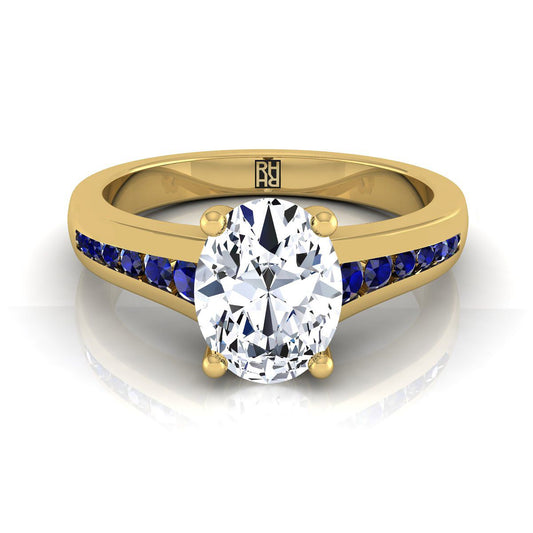 14K Yellow Gold Oval Contemporary Tapered Blue Sapphire Channel Engagement Ring