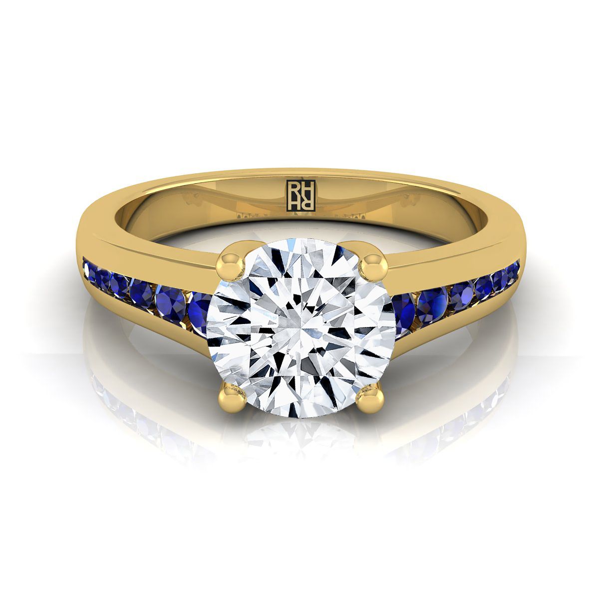 14K Yellow Gold Round Brilliant Contemporary Tapered Blue Sapphire Channel Engagement Ring