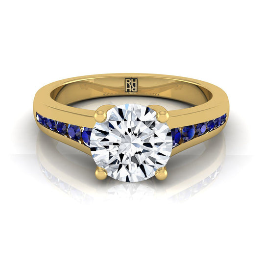 14K Yellow Gold Round Brilliant Contemporary Tapered Blue Sapphire Channel Engagement Ring