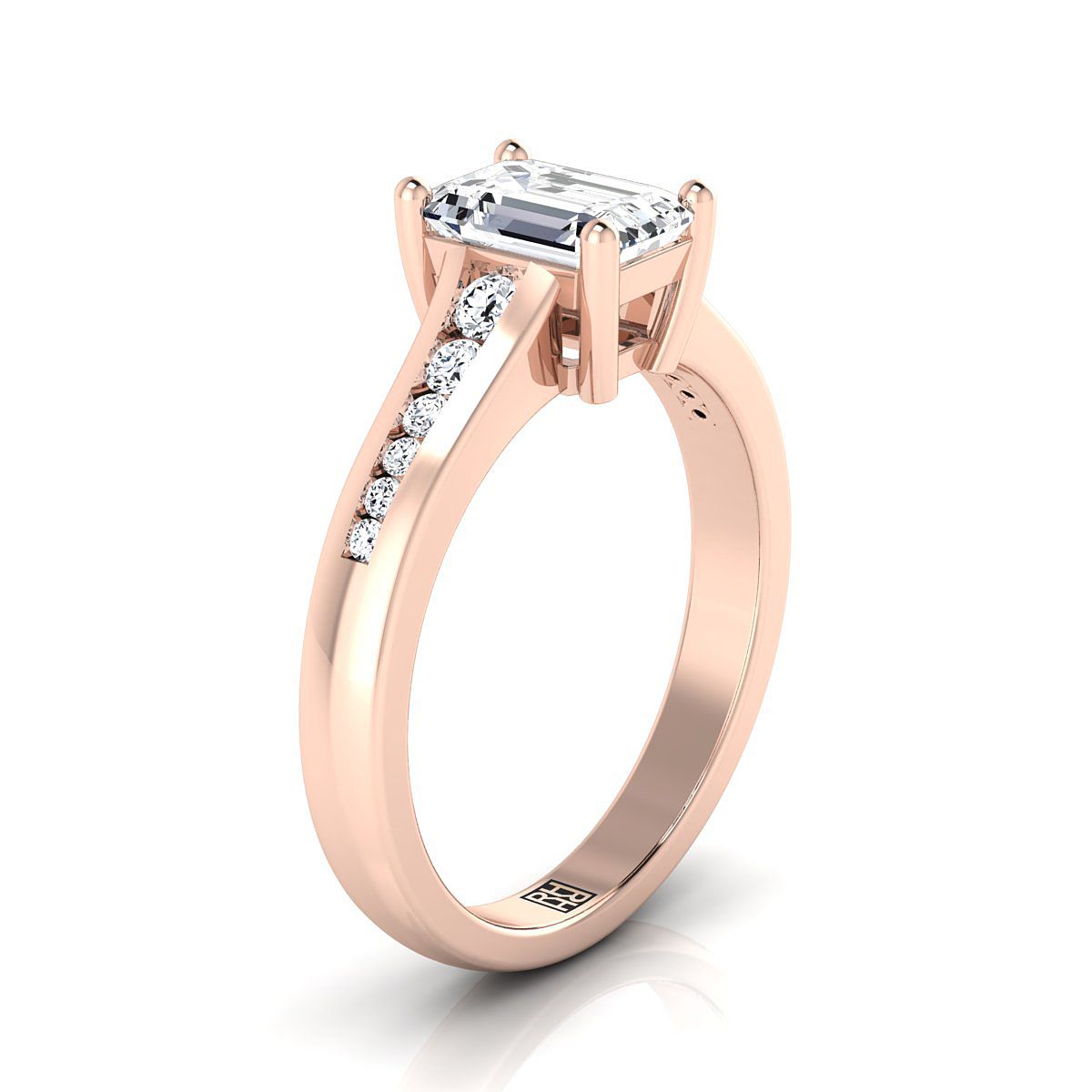 European Cut, Contemporary Tapered Channel Emerald, in 14K Rose Gold – side profile | RockHer