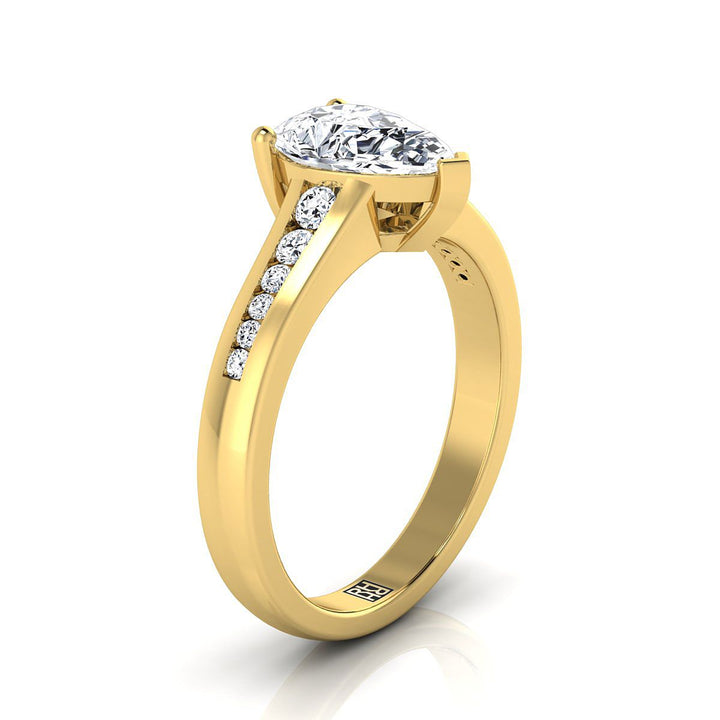 14K Yellow Gold Pear Shape Center Contemporary Tapered Diamond Channel Engagement Ring -1/6ctw