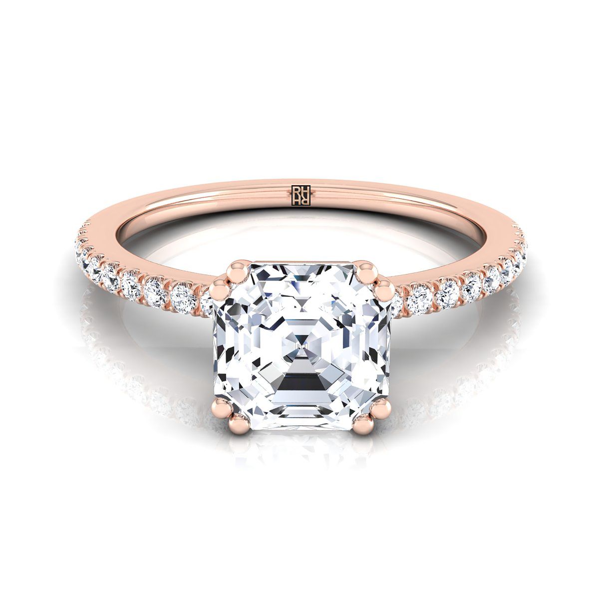 Double Claw Prong French Pavé Asscher, in 14K Rose Gold | RockHer