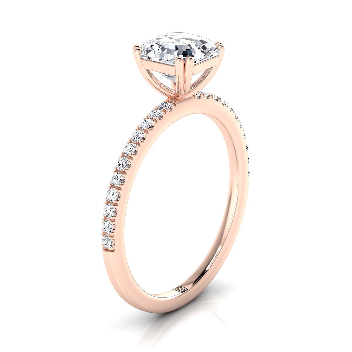 Double Claw Prong French Pavé Asscher, in 14K Rose Gold – side profile | RockHer