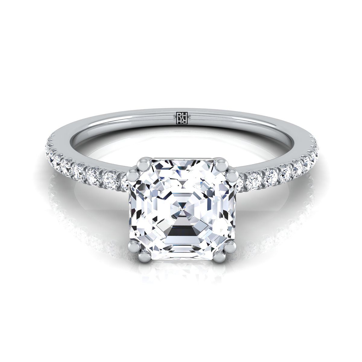 Double Claw Prong French Pavé Asscher, in 18K White Gold | RockHer