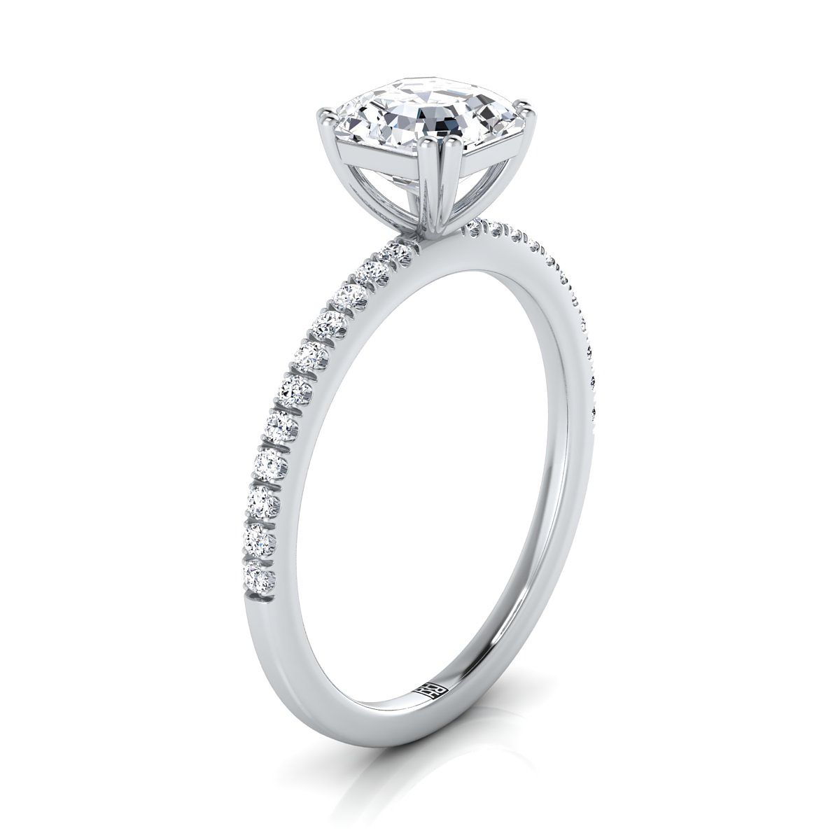 Double Claw Prong French Pavé Asscher, in 18K White Gold – side profile | RockHer