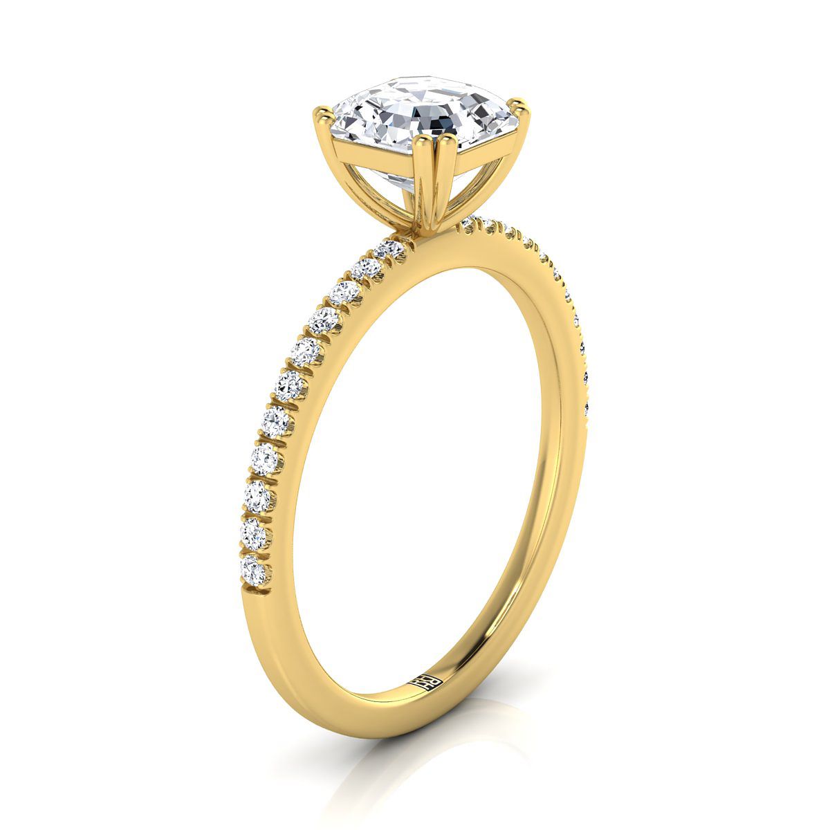 Double Claw Prong French Pavé Asscher, in 18K Yellow Gold – side profile | RockHer