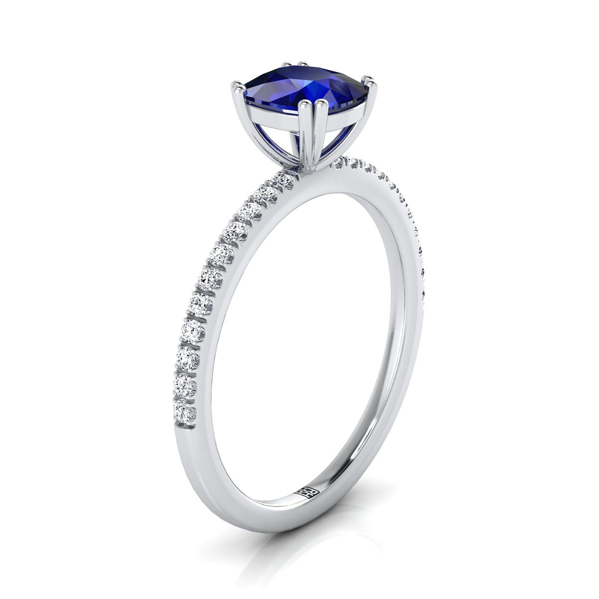 แหวนหมั้นเพชรฝรั่งเศสแบบเรียบหรูหัวเบาะประดับแซฟไฟร์ 18K ทองขาว แบบหนีบคู่