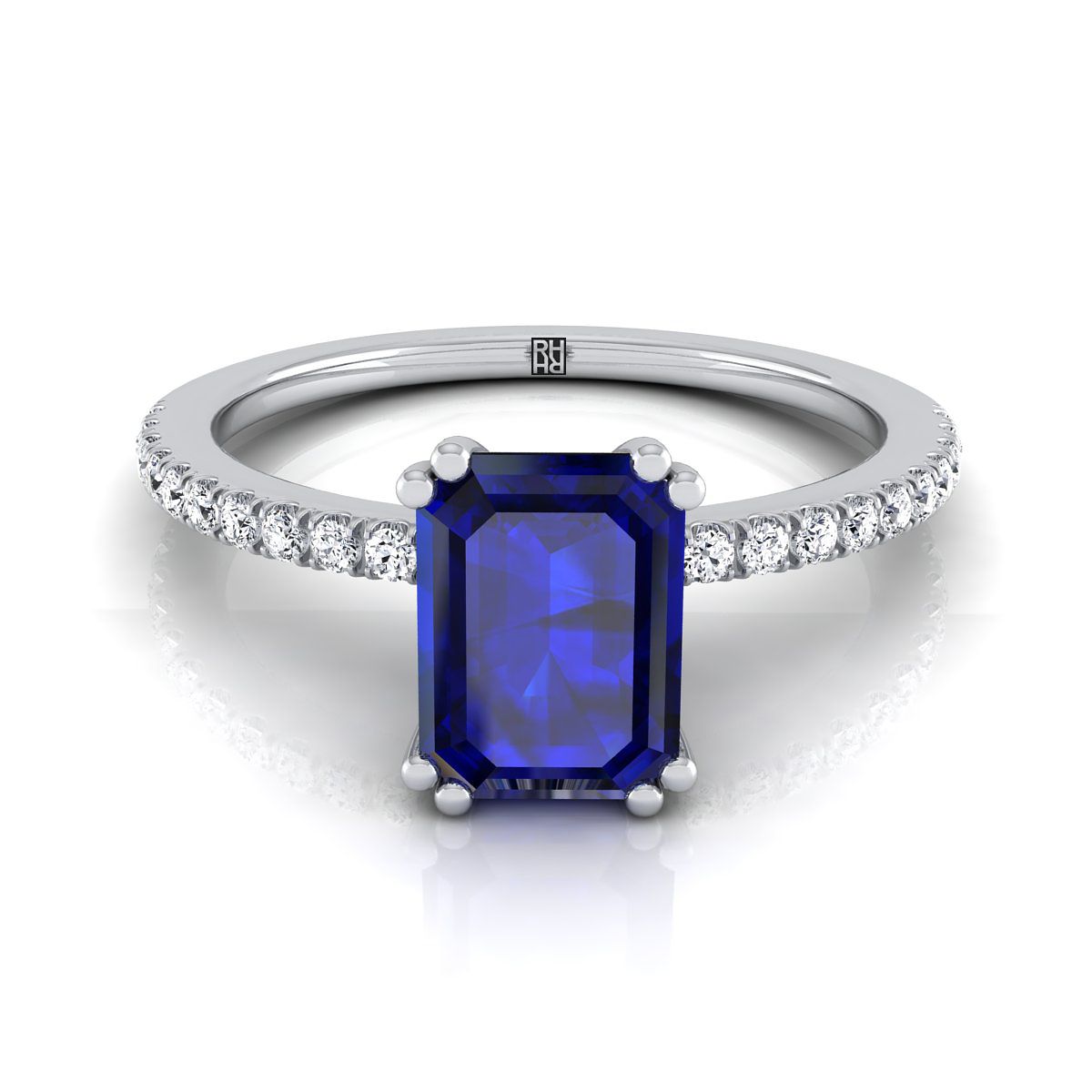 แหวนหมั้นเพชรแบบหนามคู่ฝรั่งเศสเรียบง่ายประดับไพลินเจียระไนแบบเอเมอรัลด์แพลทินัม - 1/6 กะรัตรวม