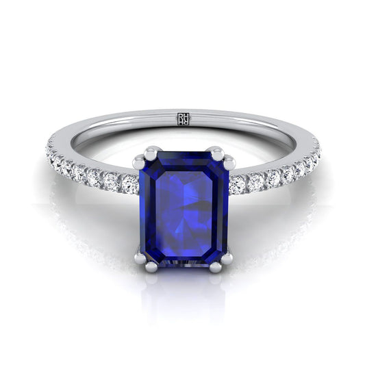 แหวนหมั้นเพชรแบบหนามคู่ฝรั่งเศสเรียบง่ายประดับไพลินเจียระไนแบบเอเมอรัลด์แพลทินัม - 1/6 กะรัตรวม