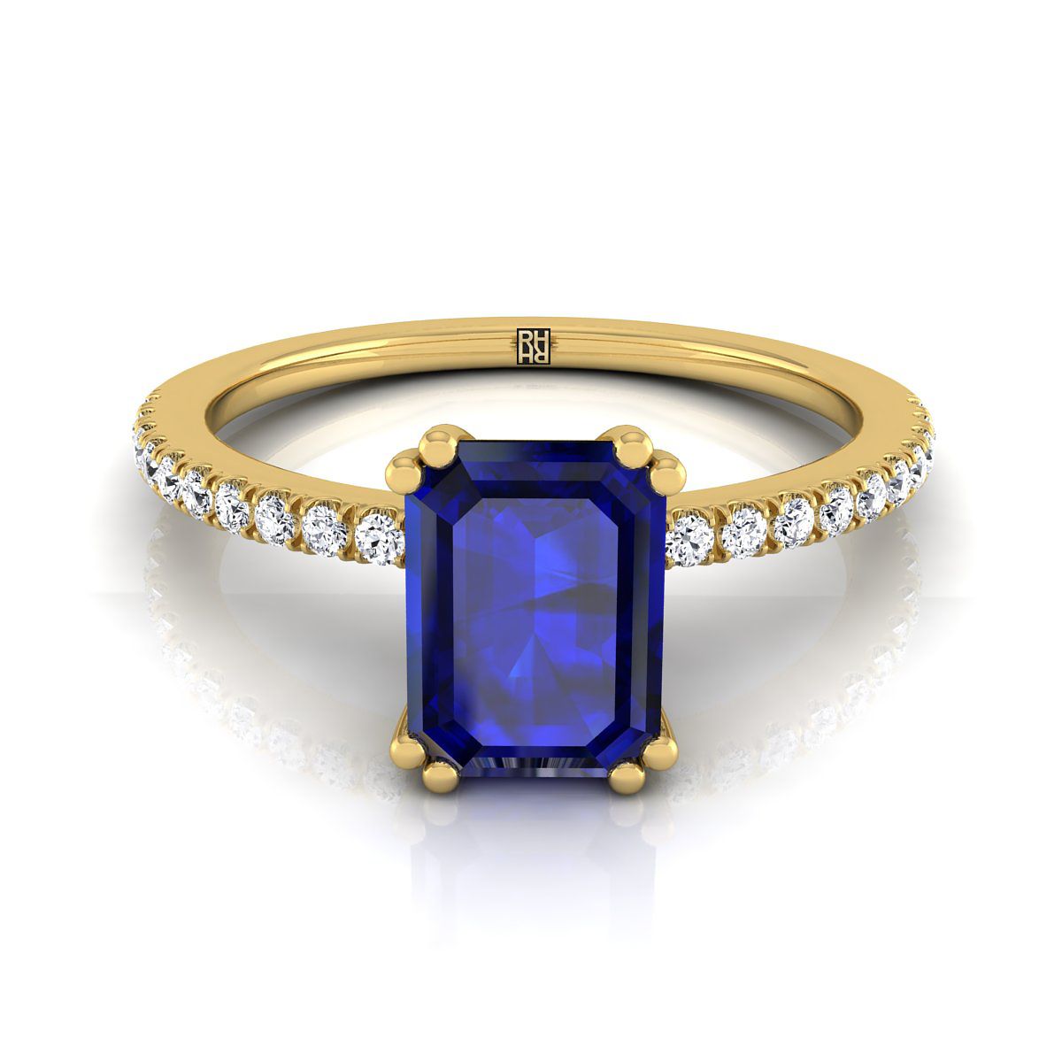 แหวนหมั้นเพชรแบบหนีบคู่ฝรั่งเศสเรียบง่ายประดับไพลินทรงสี่เหลี่ยมผืนผ้าสีเขียวมรกตทองคำเหลือง 18K - 1/6ctw