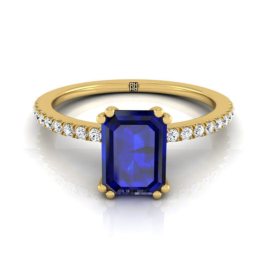 แหวนหมั้นเพชรแบบหนีบคู่ฝรั่งเศสเรียบง่ายประดับแซฟไฟร์ทรงสี่เหลี่ยมมรกตทองคำเหลือง 14K น้ำหนักเพชรรวม 1/6 กะรัต