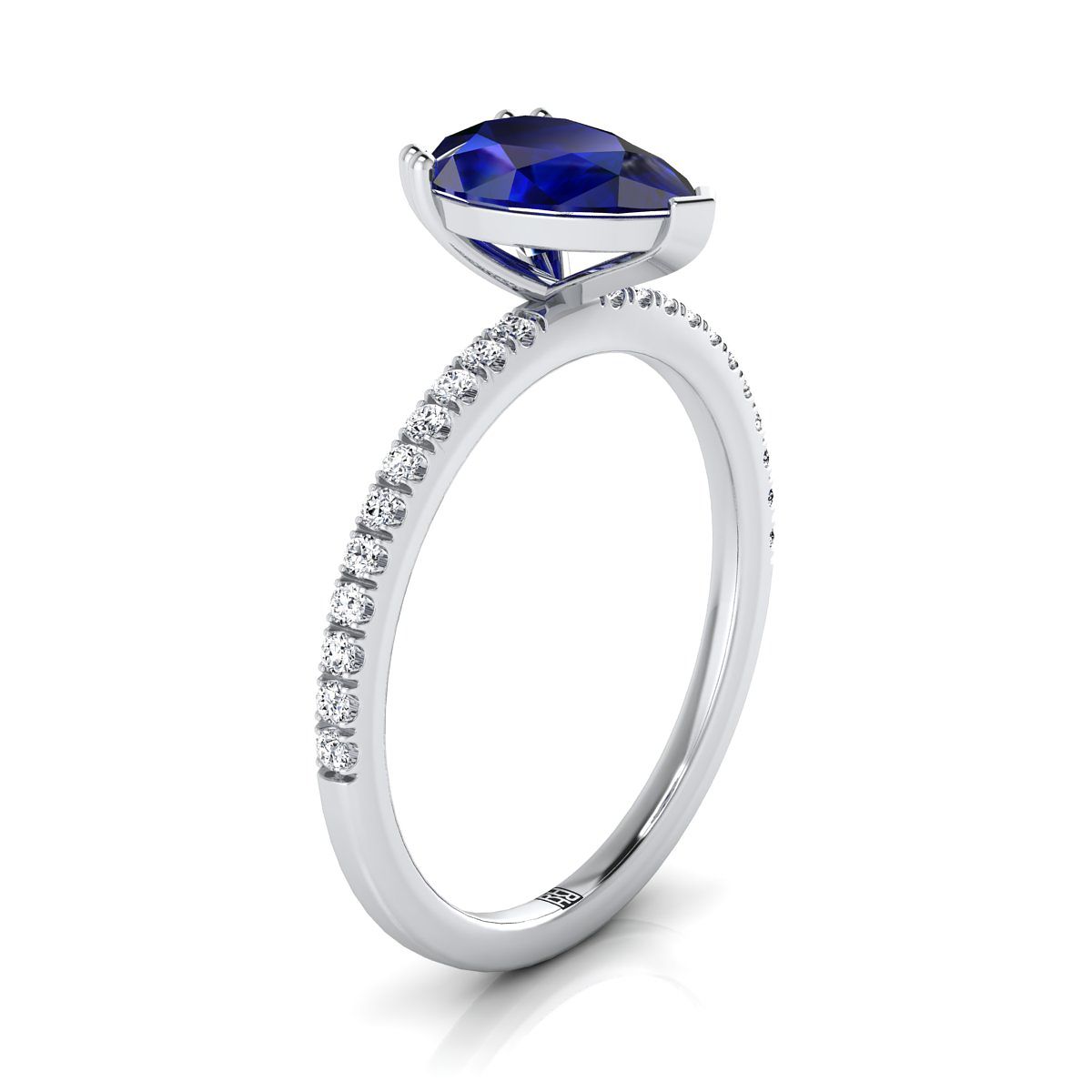 Platinum Pear Shape Center Sapphire Simple French Pave Double Claw Prong Diamond Engagement Ring -1/6ctw