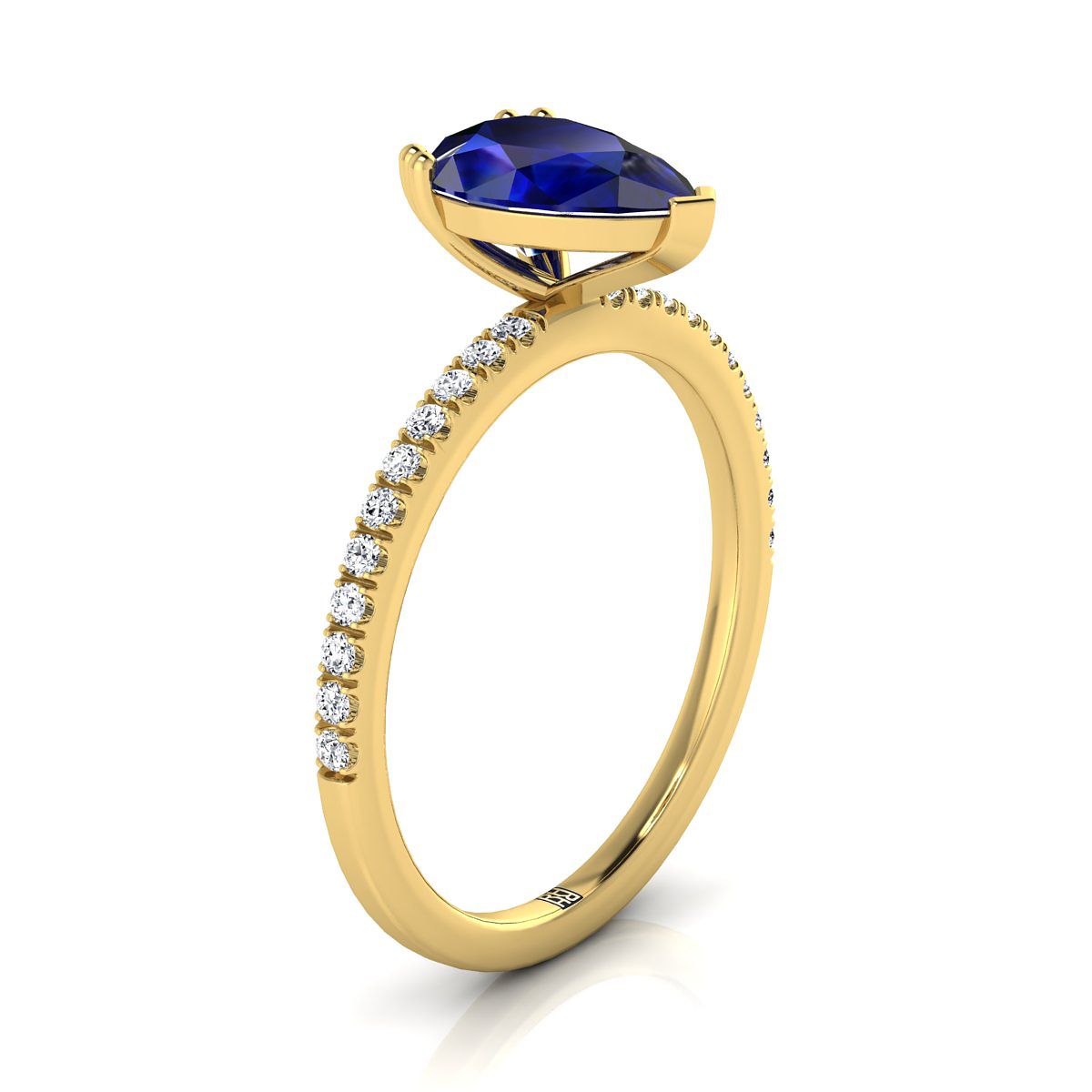 แหวนหมั้นเพชรแบบหนามคู่ฝรั่งเศสเรียบง่ายประดับไพลินทรงลูกแพร์ตรงกลางทองคำเหลือง 14K - 1/6ctw