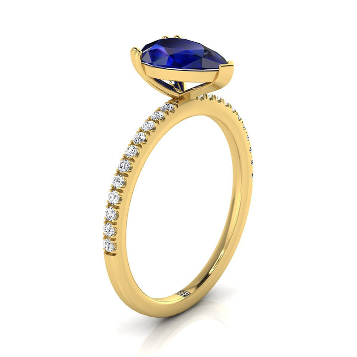 แหวนหมั้นเพชรแบบหนามคู่ฝรั่งเศสเรียบง่ายประดับไพลินทรงลูกแพร์ตรงกลางทองคำเหลือง 14K - 1/6ctw