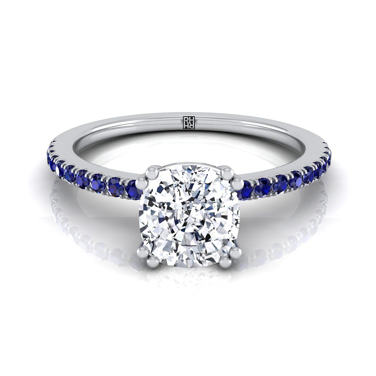 แหวนหมั้นเพชรแบบหนีบสองกรงเล็บฝรั่งเศสเรียบง่าย Platinum Cushion Simple French Pave Double Claw Prong Diamond Engagement Ring