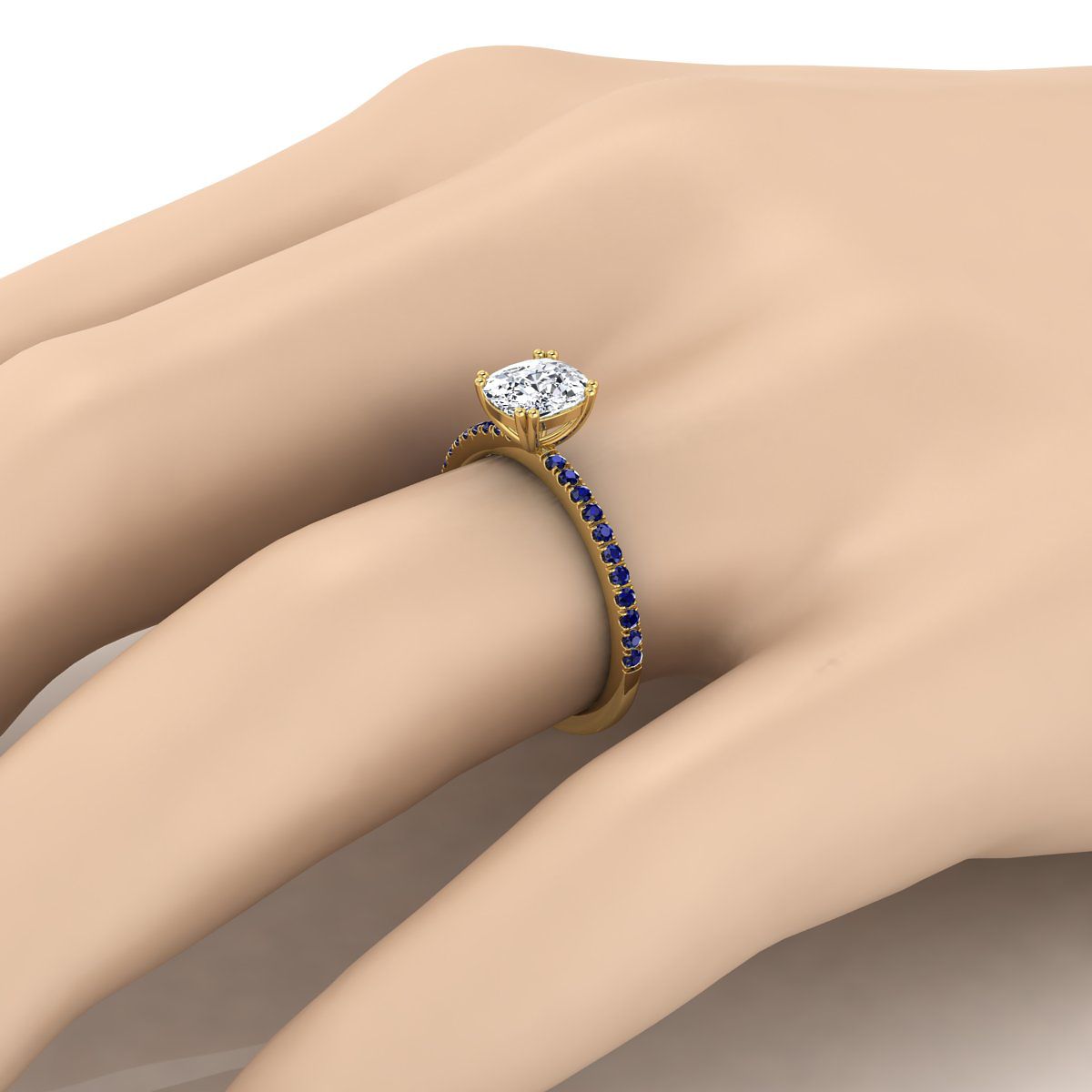 14K Yellow Gold Cushion  Simple French Pave Double Claw Prong Diamond Engagement Ring