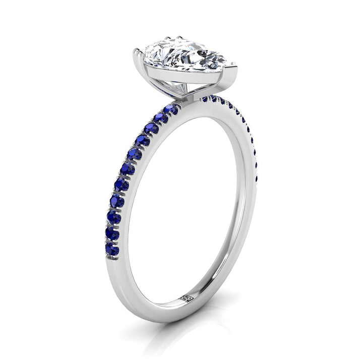 14K White Gold Pear Shape Center  Simple French Pave Double Claw Prong Diamond Engagement Ring