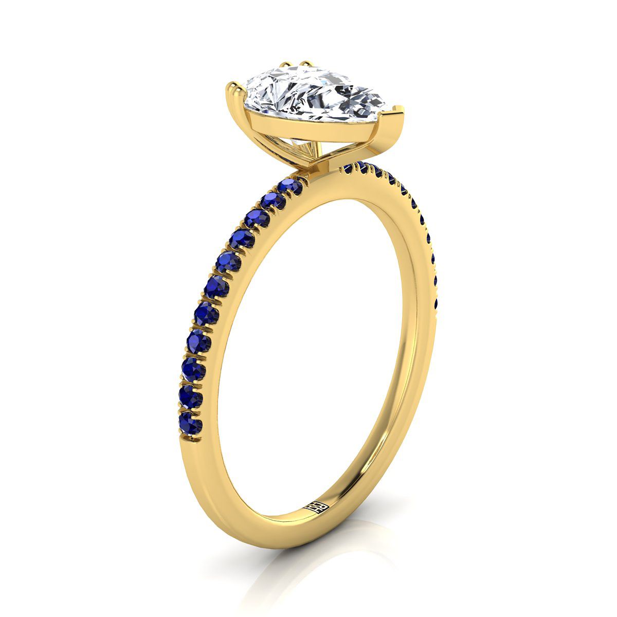 14K Yellow Gold Pear Shape Center  Simple French Pave Double Claw Prong Diamond Engagement Ring