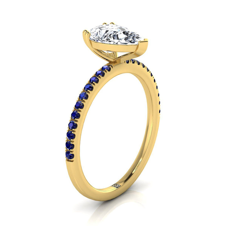 14K Yellow Gold Pear Shape Center  Simple French Pave Double Claw Prong Diamond Engagement Ring