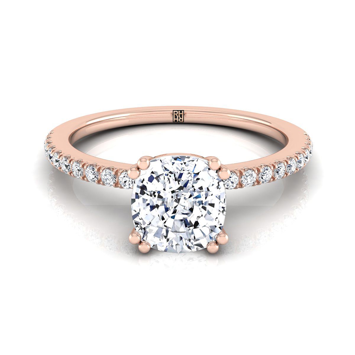 Double Claw Prong French Pavé Cushion, in 14K Rose Gold | RockHer