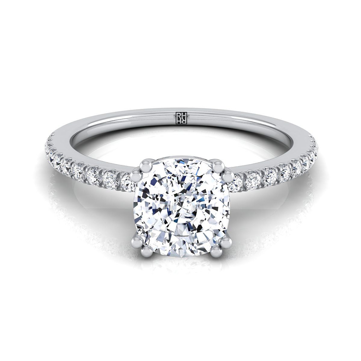 Double Claw Prong French Pavé Cushion, in 18K White Gold | RockHer