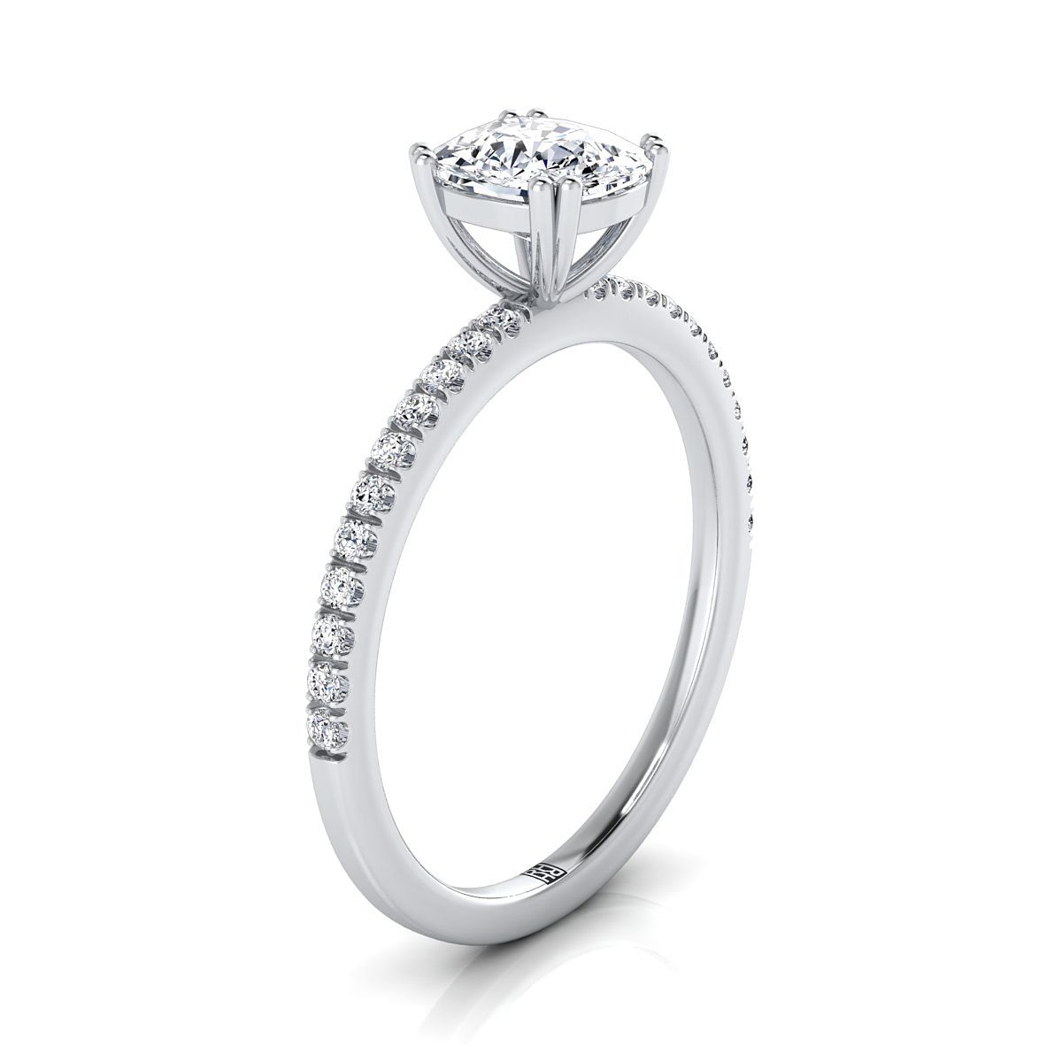 18K White Gold Cushion Diamond Simple French Pave Double Claw Prong Engagement Ring -1/6ctw