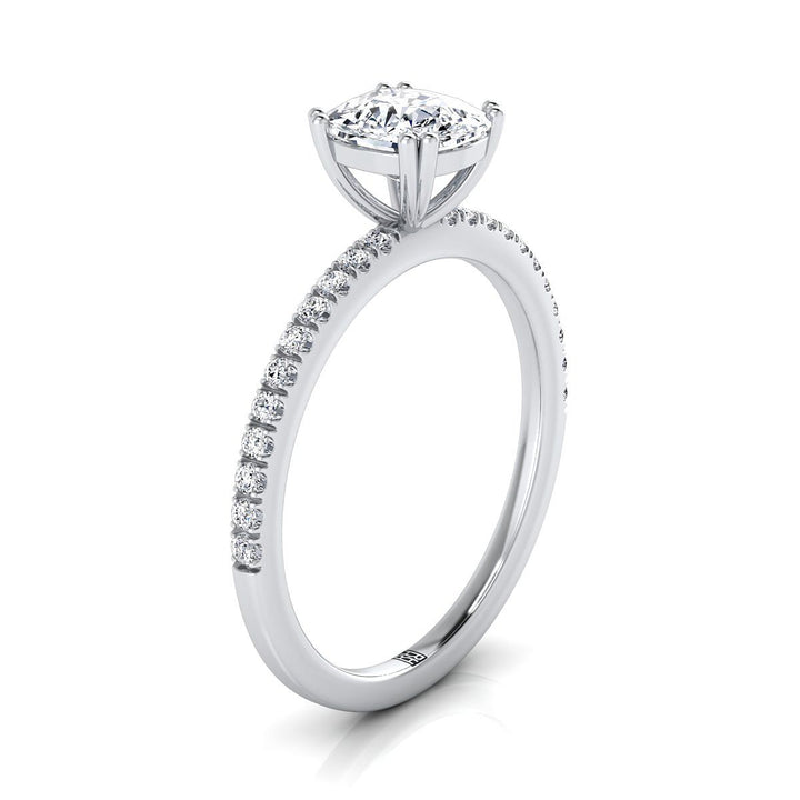18K White Gold Cushion Diamond Simple French Pave Double Claw Prong Engagement Ring -1/6ctw