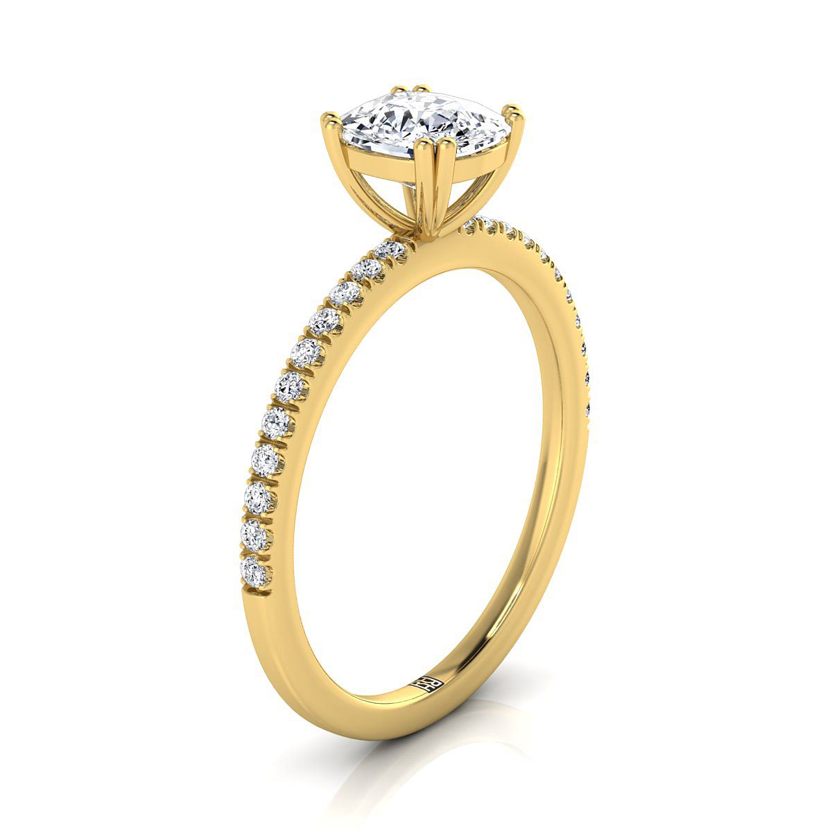 Double Claw Prong French Pavé Cushion, in 18K Yellow Gold – side profile | RockHer