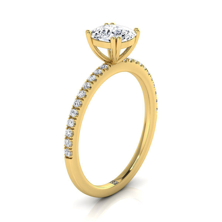 Double Claw Prong French Pavé Cushion, in 18K Yellow Gold – side profile | RockHer