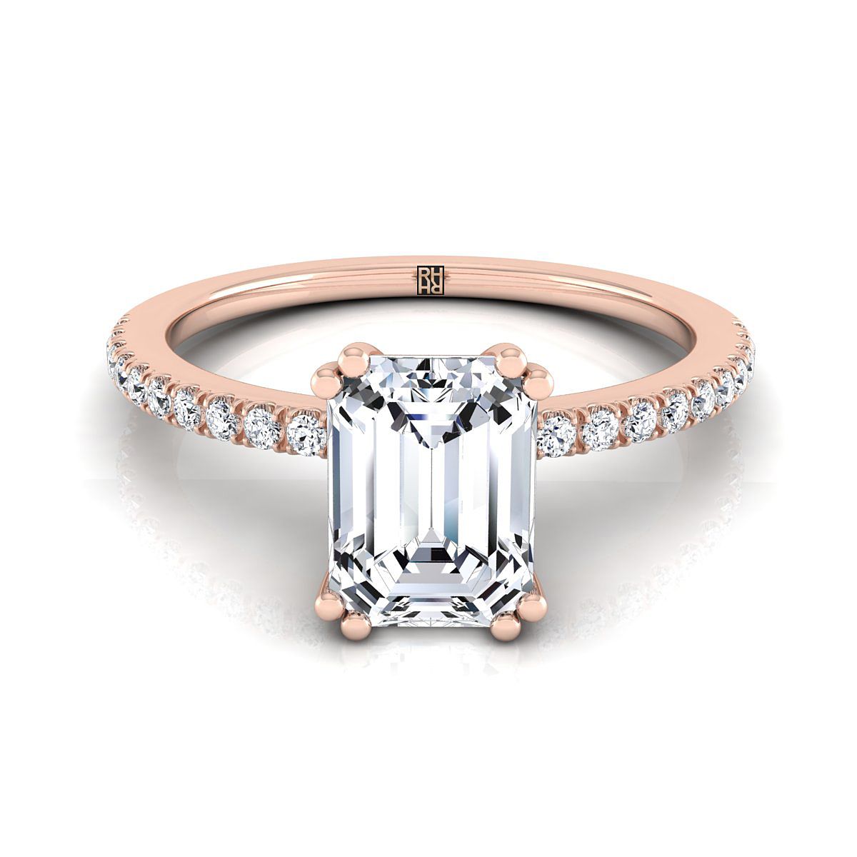 Emerald Cut, Double Claw Prong French Pavé Emerald, in 14K Rose Gold | RockHer