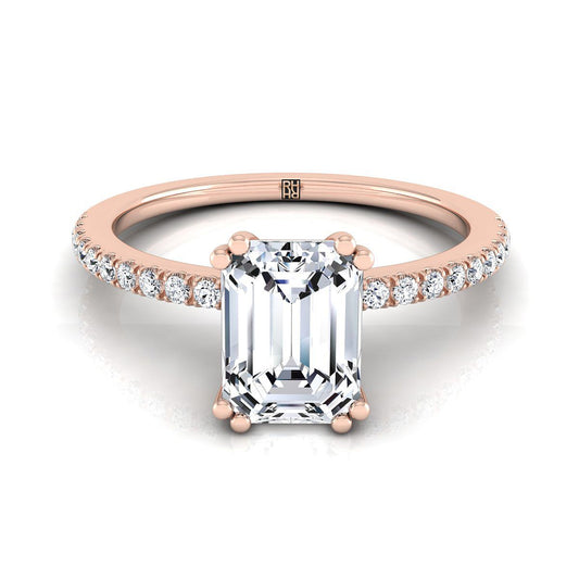 Emerald Cut, Double Claw Prong French Pavé Emerald, in 14K Rose Gold | RockHer