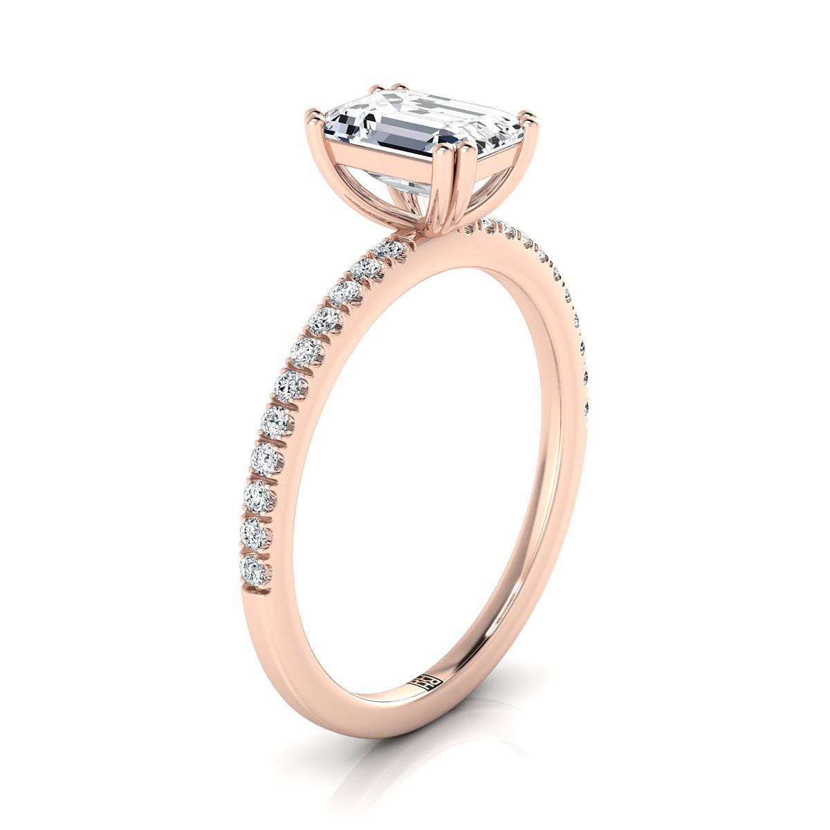Emerald Cut, Double Claw Prong French Pavé Emerald, in 14K Rose Gold – side profile | RockHer